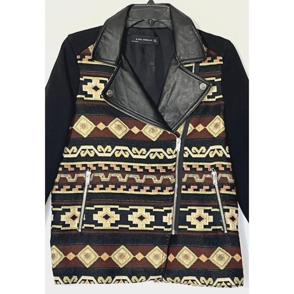 Zara Black Genuine Leather Aztec Southwestern Tapestry Boho Moto Zip Jacket - Picture 15 of 15